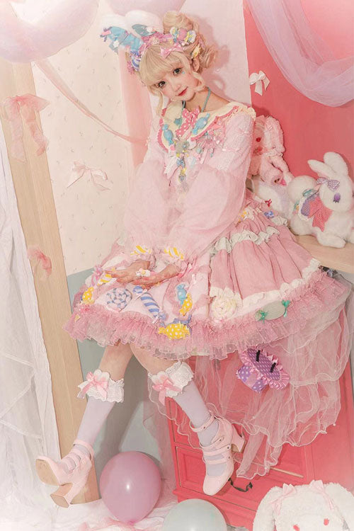 Pink JSK Dress Sweet Lolita Lace Long Sleeves Bowknot Ruffled - Altfashion Shop