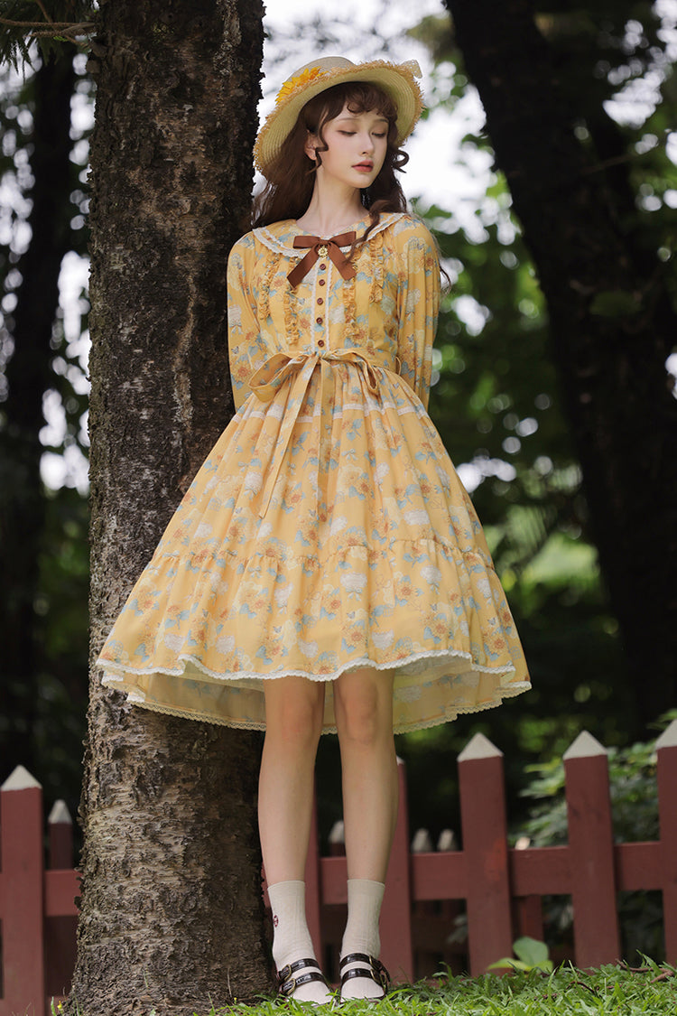 Golden Long-Sleeve Ruffled Bow Sunflower Elegant Dress