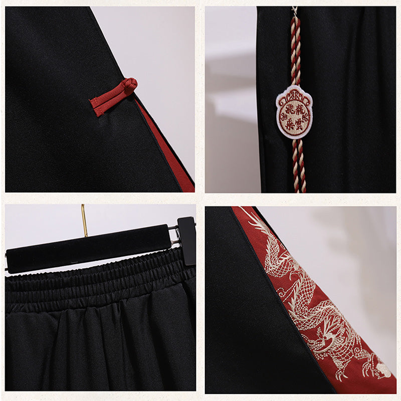 Lässiger Pullover mit Kapuze und Kranichstickerei, geteilte Hose mit Drachenmuster