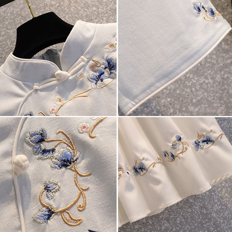 Ensemble haut et jupe à manches longues avec nœud floral vintage