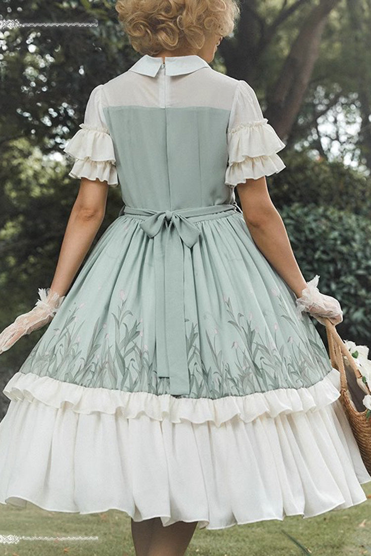 White and Green Lapel-Collar Wizard Of Oz Short-Sleeved Ruffled Bow-Trim Sweet Lolita Dress