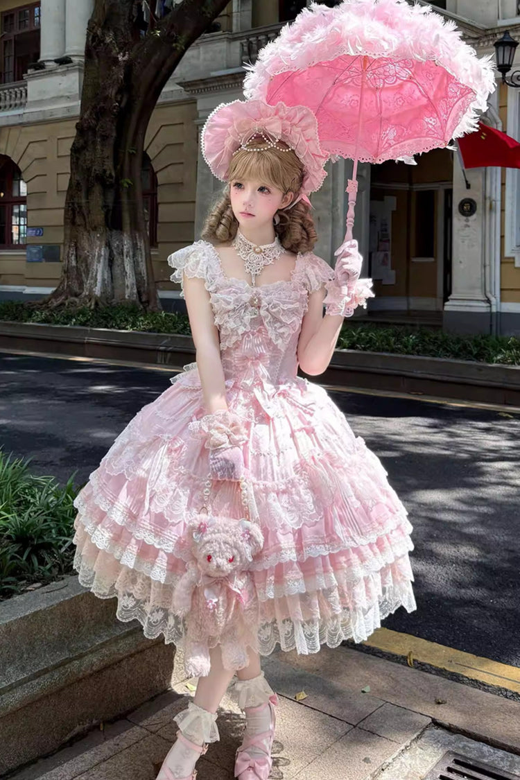 Rose Moonlit Sakura Ode Sleeveless Layered Ruffle Bow Lace Sweet Lolita Dress