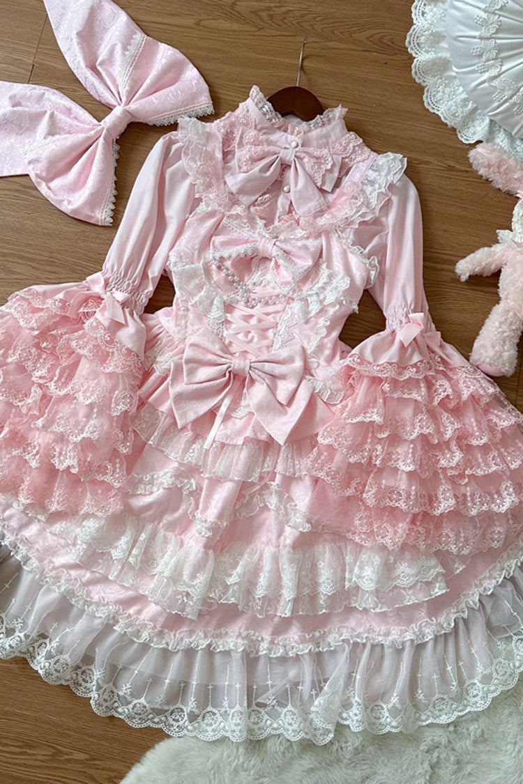 Rose Sleeveless Multi-Tier Ruffle Bow Lace Pearl Sweet Lolita Jumper - Love and Heart Flutter