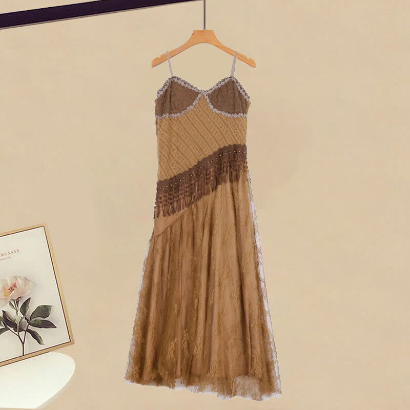 Brown Vintage Cardigan Suspender Dress Backless Hollow Coverup