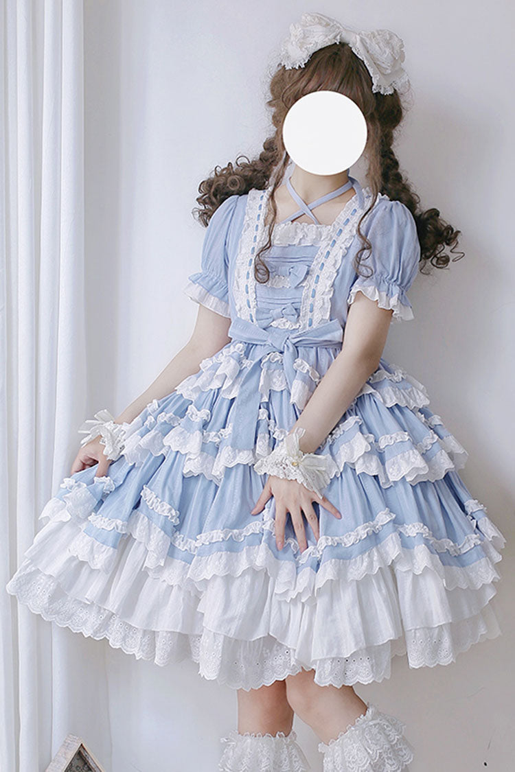 Blue Halter Sweet Lolita OP Dress with Lace and Ruffled Short Sleeves