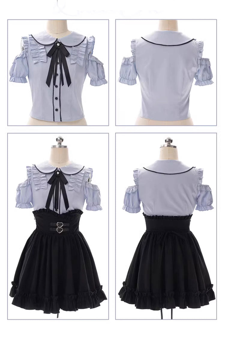 Black Blue Off-Shoulder Short Sleeve Ruffle Bow Set