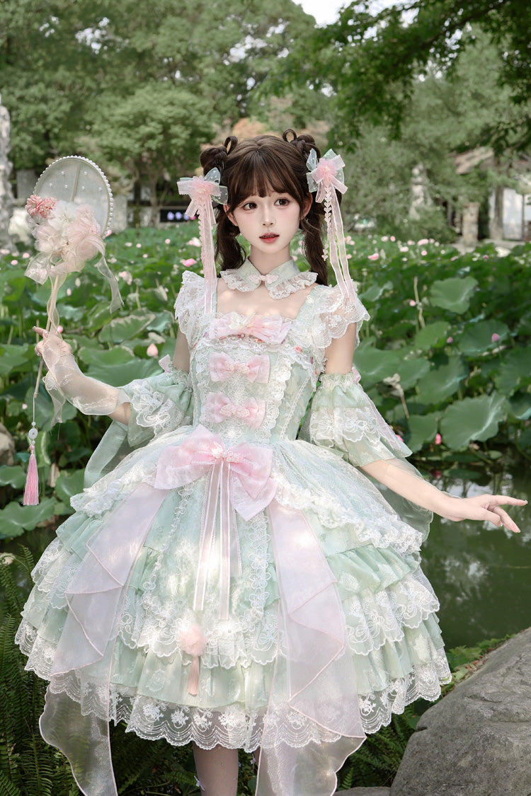 Emerald Embroidered Open-Front Bow Lace JSK - Spring Waters