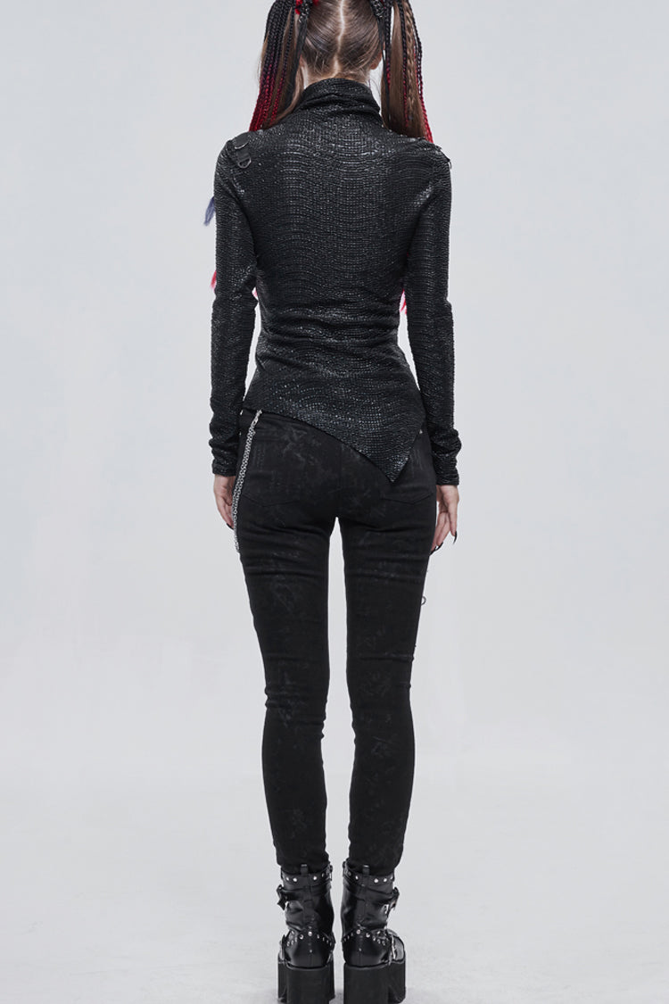 Dark High Neck Compressed Stretch Pleated Hem Blouse