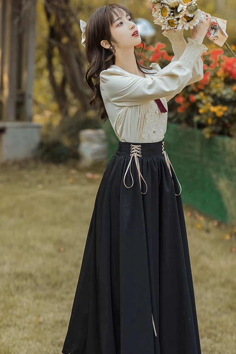 Black Lapel Collar Long Sleeves High Waist Lace-Up Wave Hem Classic Lolita Two-Piece Set