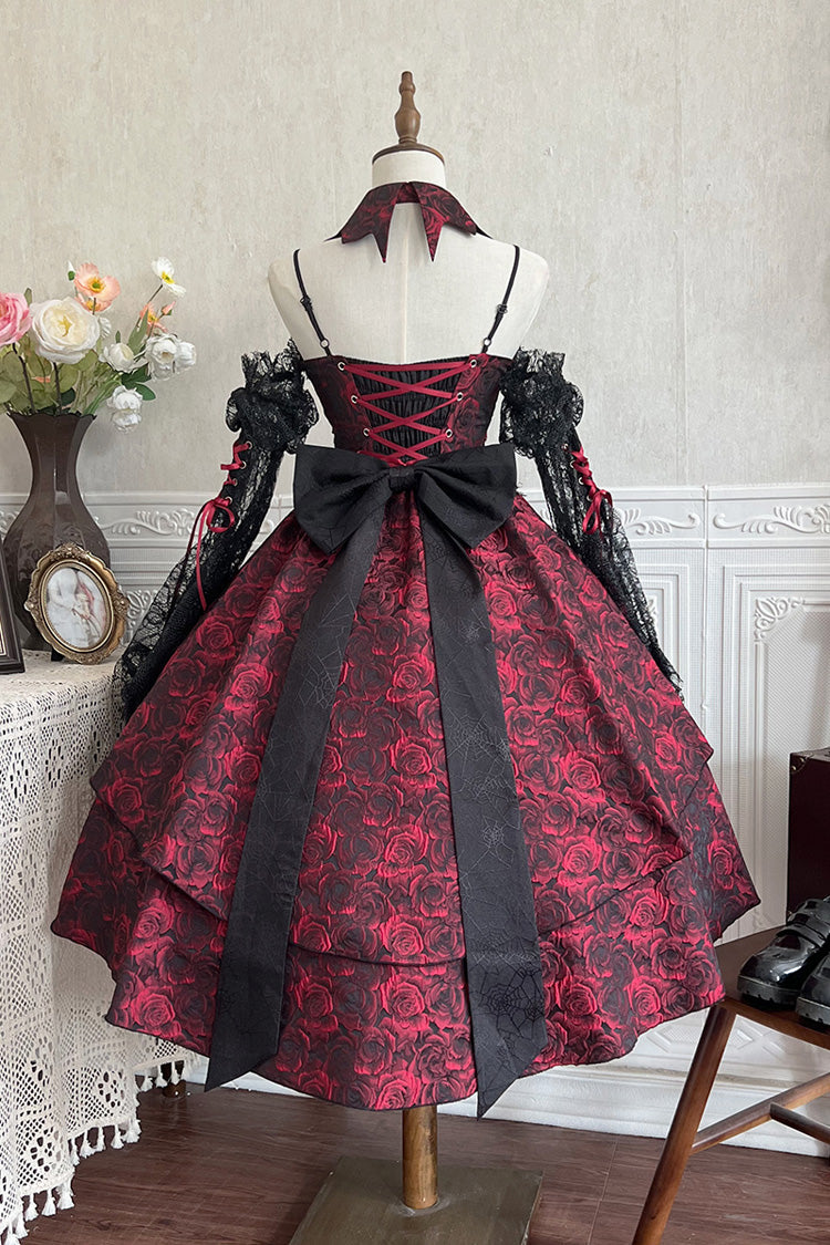 Weeping Rose Jacquard Lolita Dress with Lace-Up Cardigan - Noir