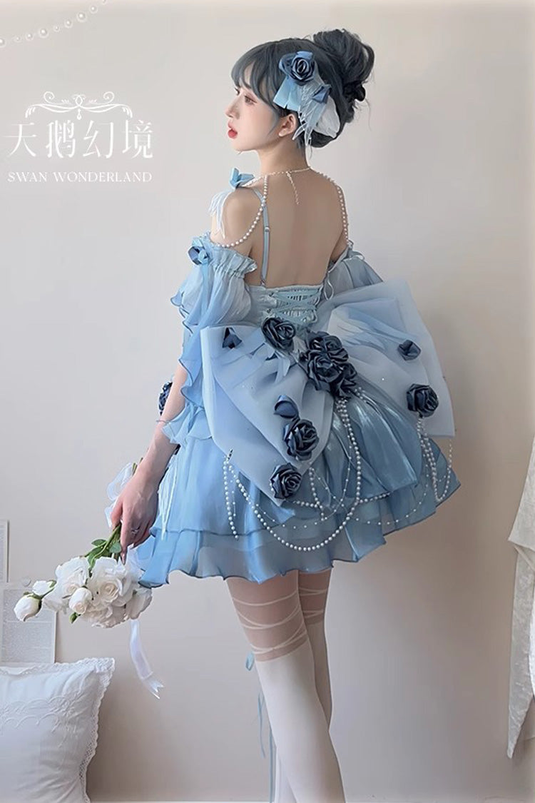 Sky Blue Sweet Ballet Lolita Swan Wonderland Embroidery Lace-Up Mini JSK Dress