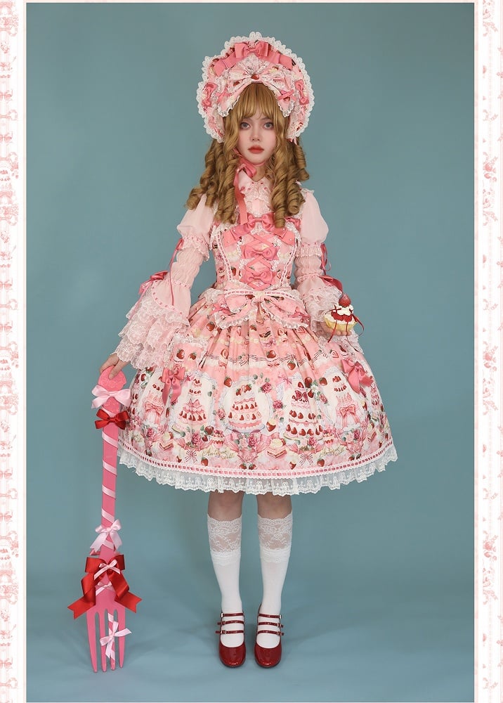 Strawberry and Desserts Print Pink Sweet Bow Accents Lolita JSK / Full Set