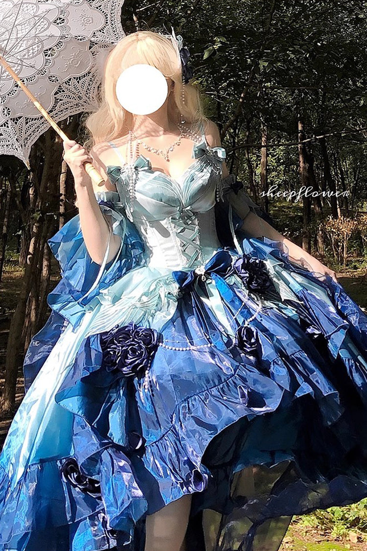 Undersea Blue Sweet Ballet Lolita Swan Wonderland Embroidery Lace-Up Asymmetric JSK Dress