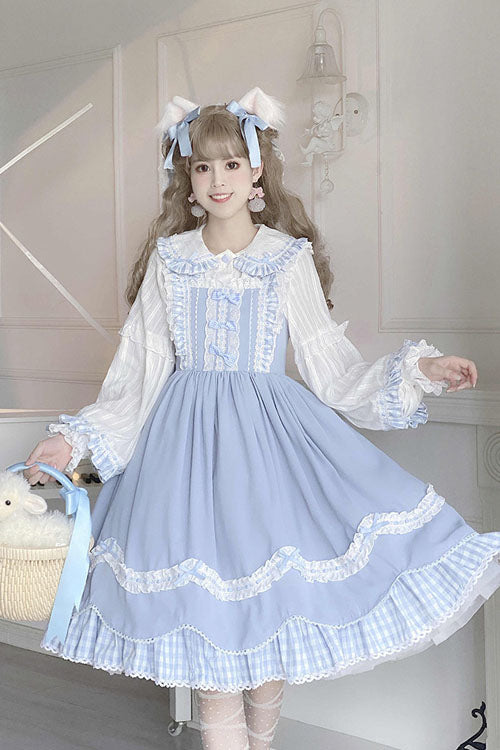 Blue JSK Dress Sweet Lolita Lapel Collar Bowknot Ruffled - Altfashion Shop