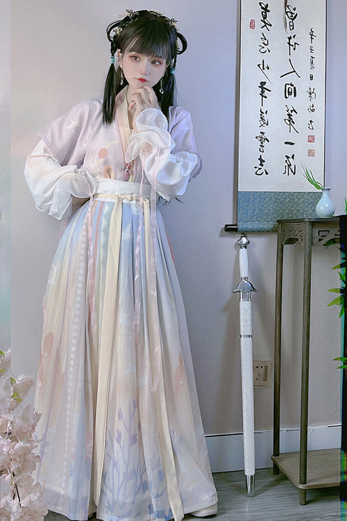 Classic Tang Collar Printed Hanfu Ensemble with Round Neck