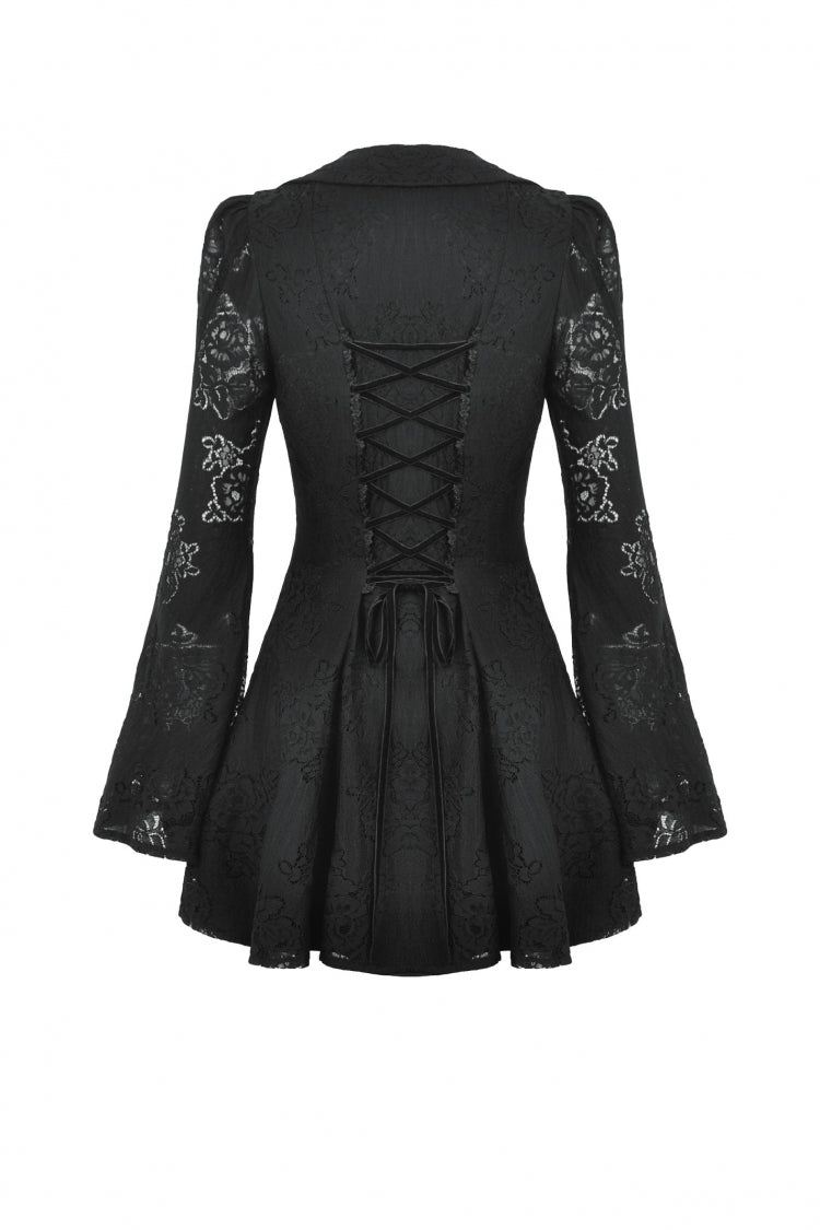 Ebony Embroidered Lace Trumpet Sleeve Corset Dress - Gothic Honeymoon Gown