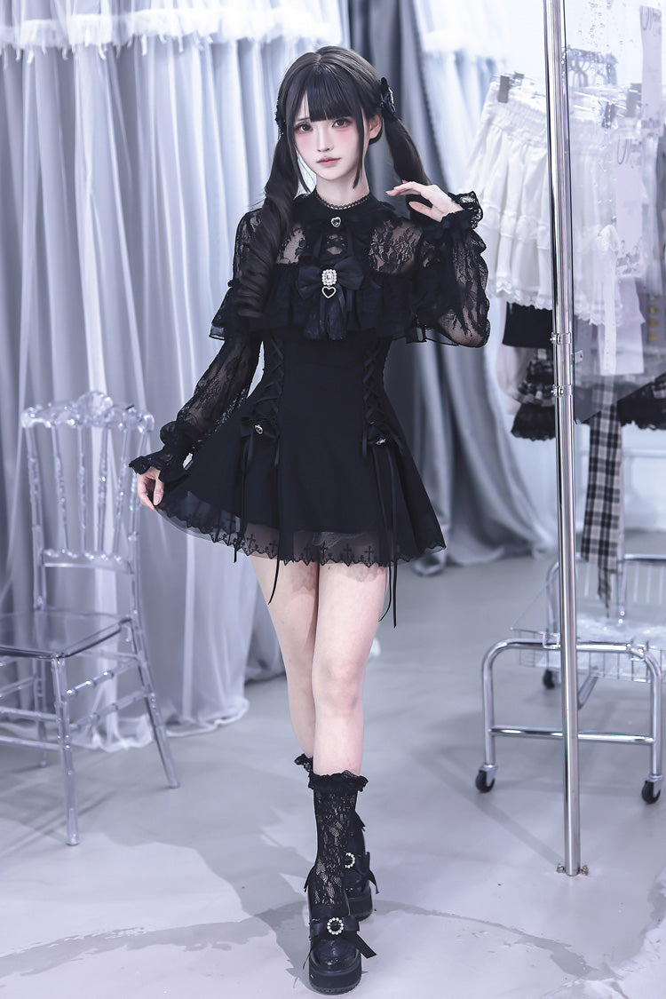Lace Doll Round Collar Long Sleeves Ruffled Cut-Out Embroidered Bow Lace Gothic Jirai Kei Japanese Dress
