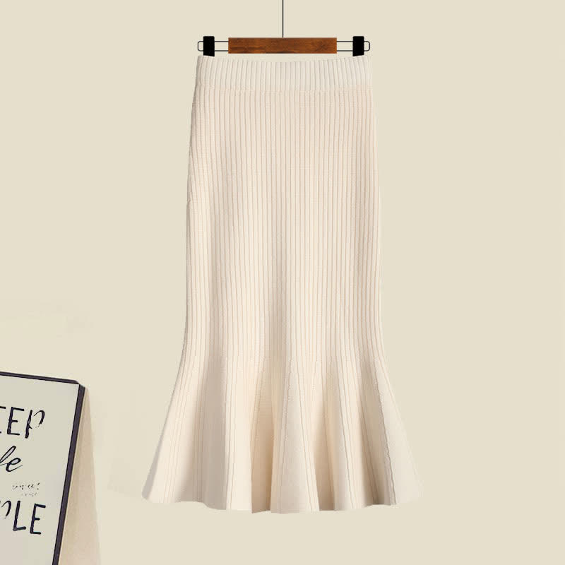 V-neck Set Sweater Cable Fishtail Skirt