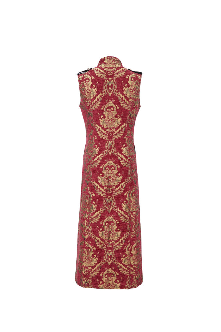 Crimson Mandarin Collar Totem Embroidered Men's Goth Waistcoat