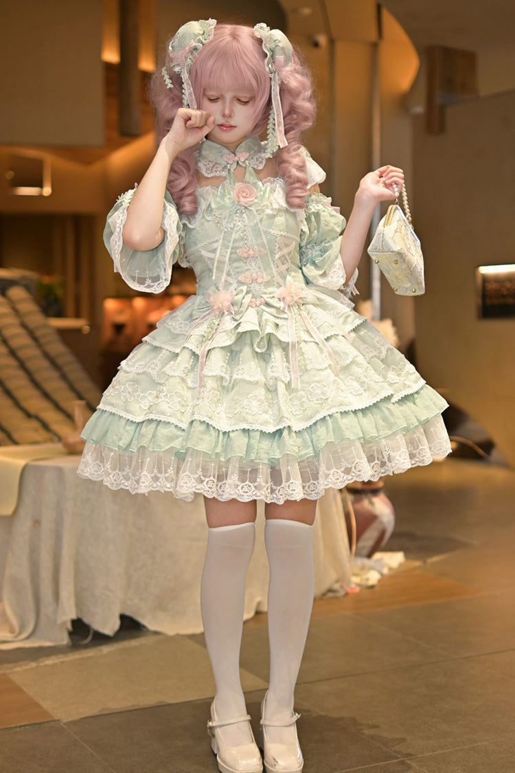 Emerald Rain of Peaches Sleeveless Bowknot Lace Chinese Lolita JSK