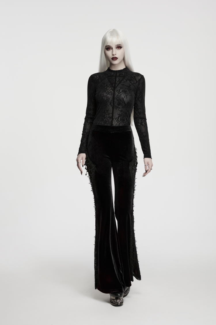 Gothic Top for Her with High Collar and Rose Jacquard Lace, Slim Fit