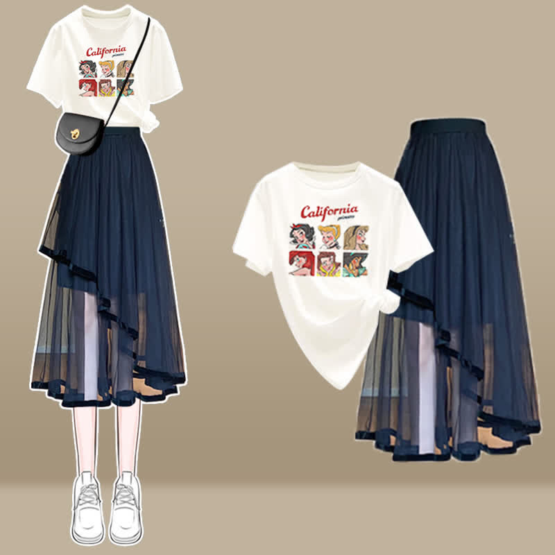 Set Bow Print SKirt Irregular Tulle Cartoon T-Shirt
