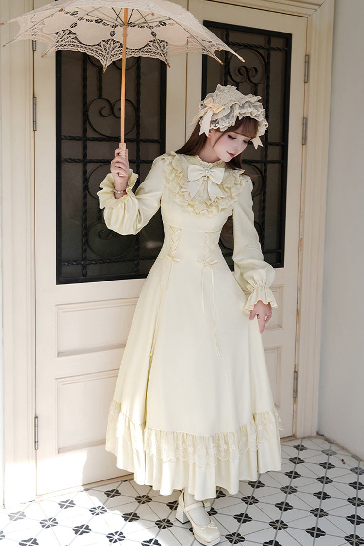 Stand Collar Gothic Dress with Long Sleeves and Lace-Up Ruffled Bow - Letters & Poems · Day and Night