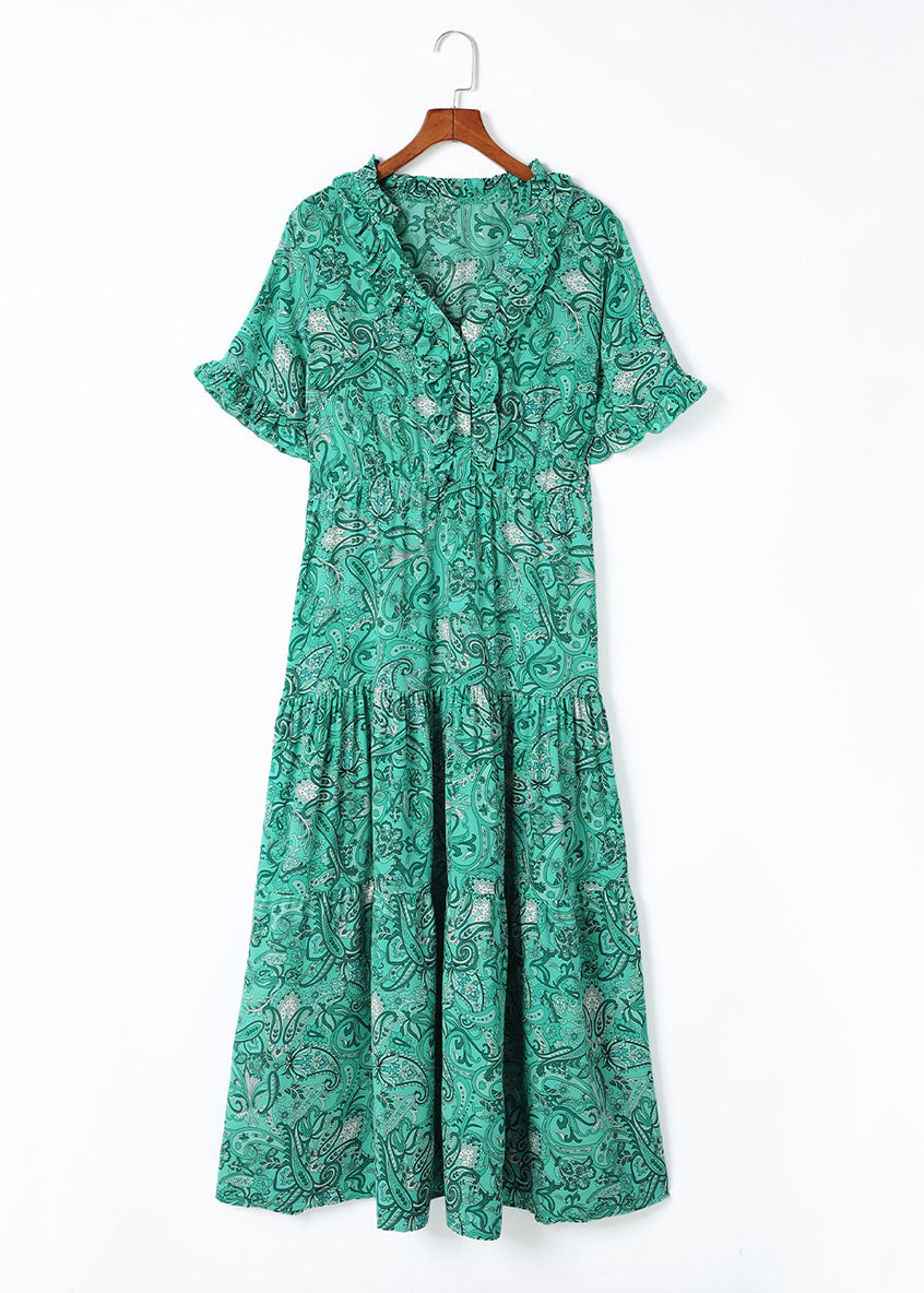 Bohemian Green Short Print Dress V Long Neck Sleev
