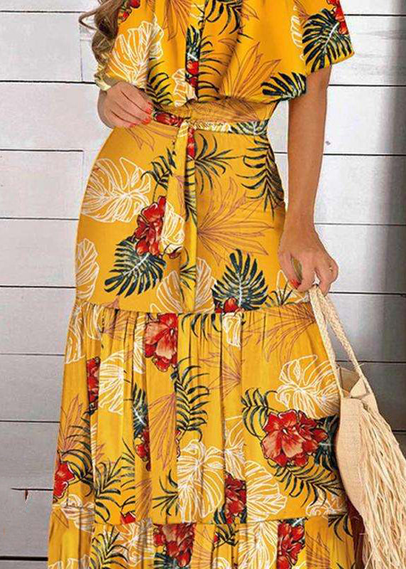 Cold Sleeve Maxi Bohemian Dress Short Print Yellow Wrinkled Shoulder