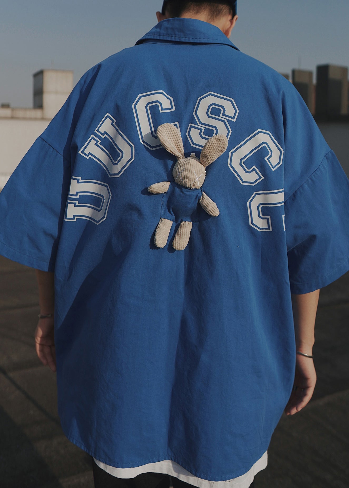 Casual Blue Letter Oversized Patchwork Cotton T Shirts Men Half Sleeve