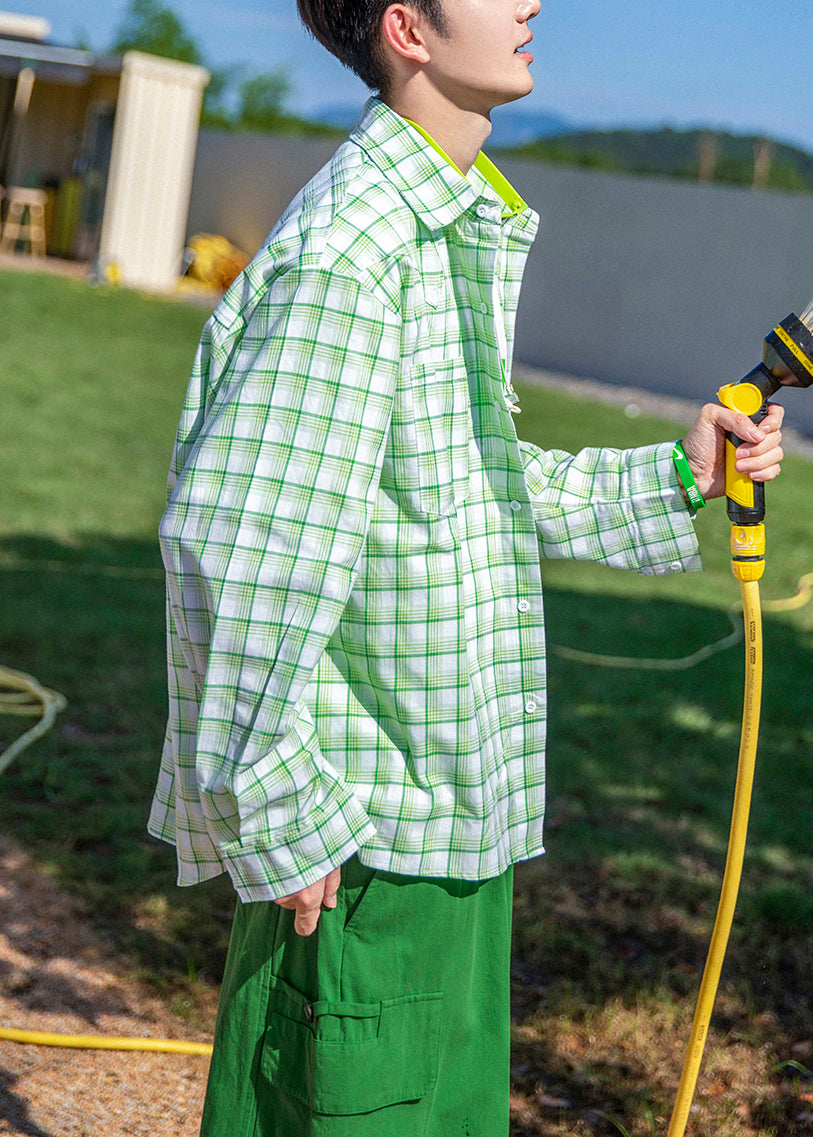 Casual Green Plaid Button Oversized Cotton Men Shirts Spring