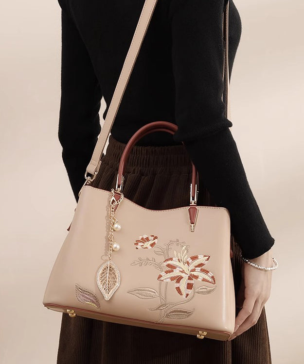 Embroidery Tote Calf Leather Apricot Bag Chic