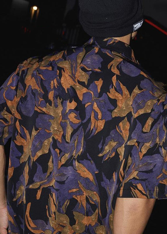 Chic Peter Pan Collar Print Cotton Shirt Men Summer