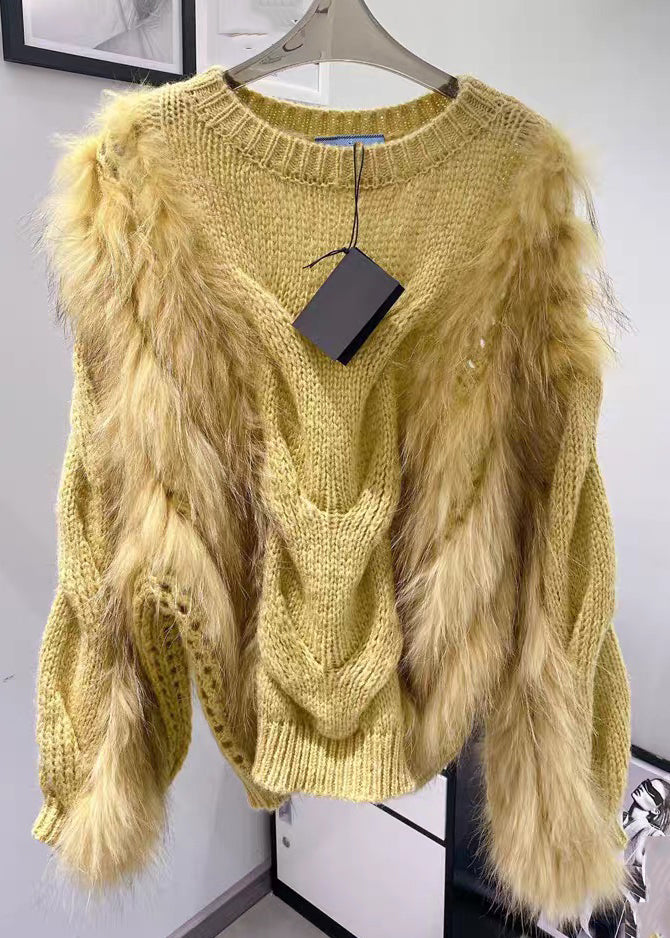 Fluffy Sweaters Cozy Fall Fuzzy Knit O-Neck Fashion Yellow Fur Cotton