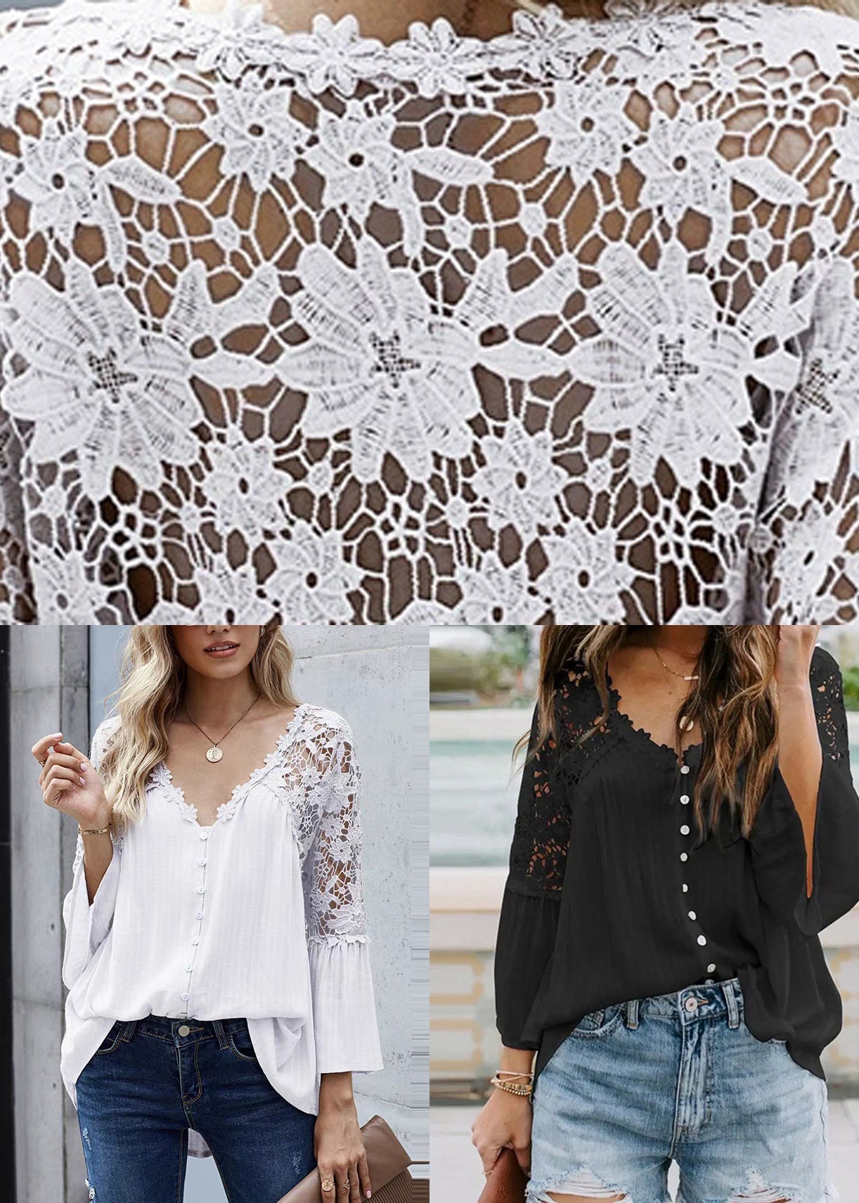 Shirts Lace White French Patchwork Sleeve Flare