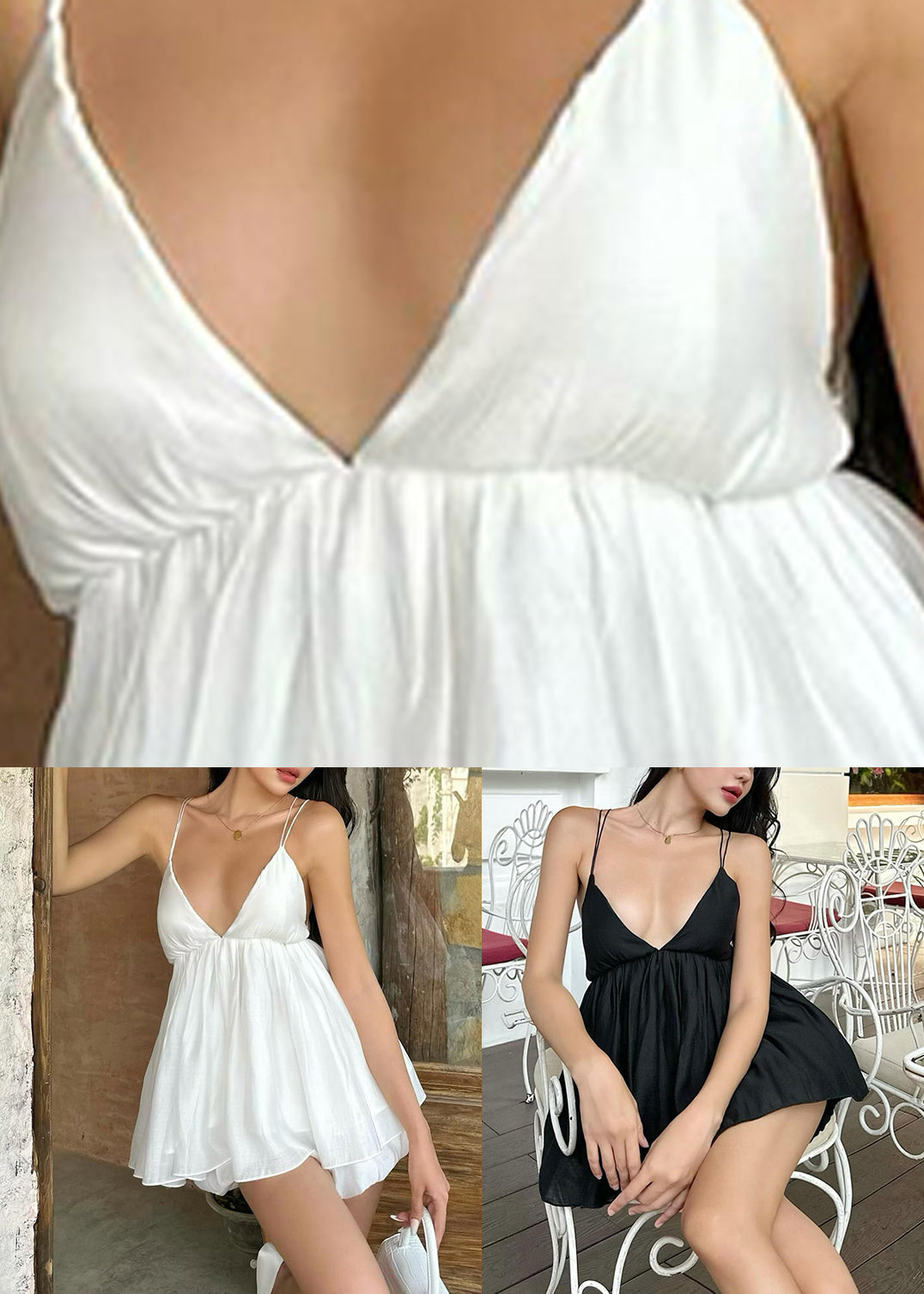 French White V Neck Patchwork Mid Spaghetti Strap Sleeveless