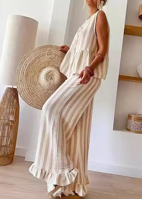 Wide Leg Handmade And Two Set Top Striped Camel O-Neck Pants Summer Pieces