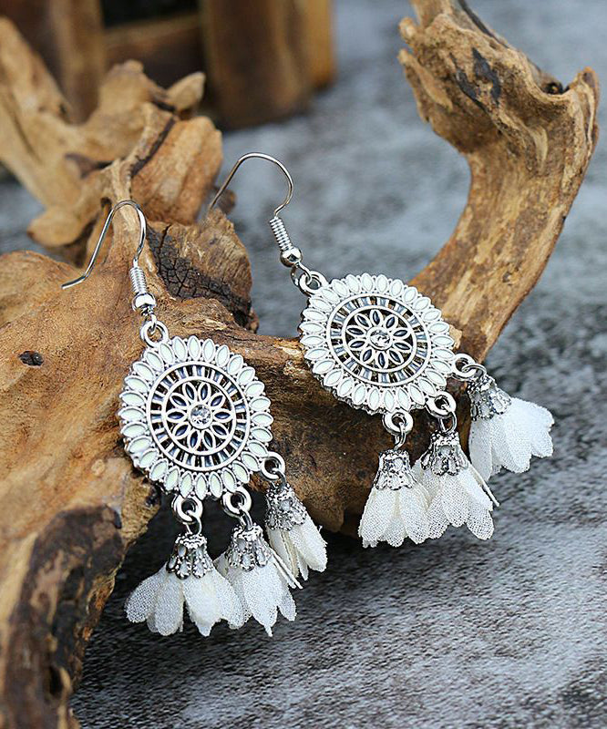 White Zircon Drop Chiffon Sterling Silver Floral Earrings Handmade Tassel