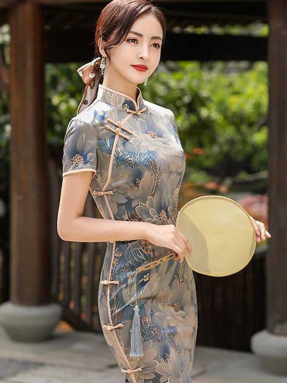 Cheongsam à manches courtes imprimé rose