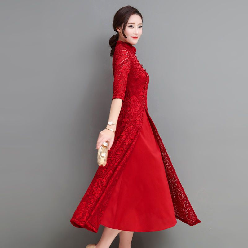 Patterned Elbow Sleeve Qipao