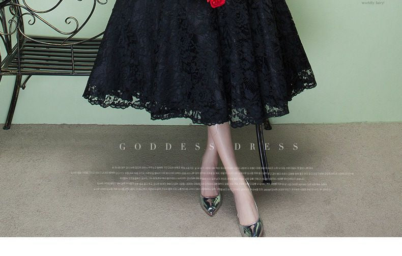 Elbow-Sleeve Lace Midi A-line Party Dress