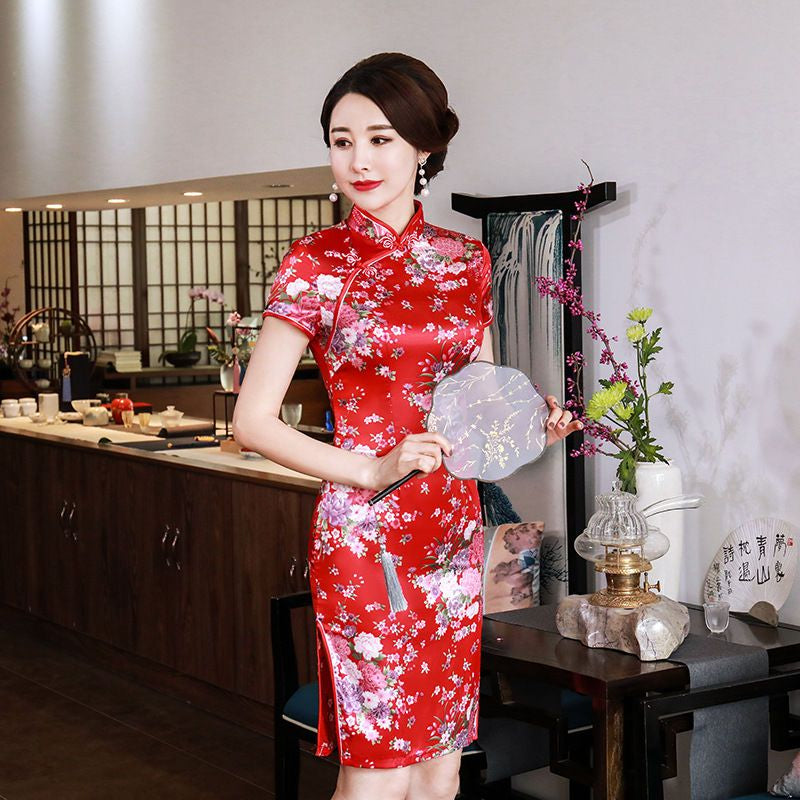 Floral Print Short Sleeve Mini Qipao