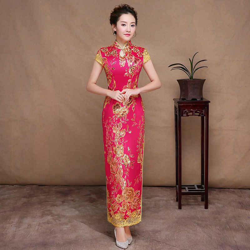 Sequined Cap-Sleeve Qipao