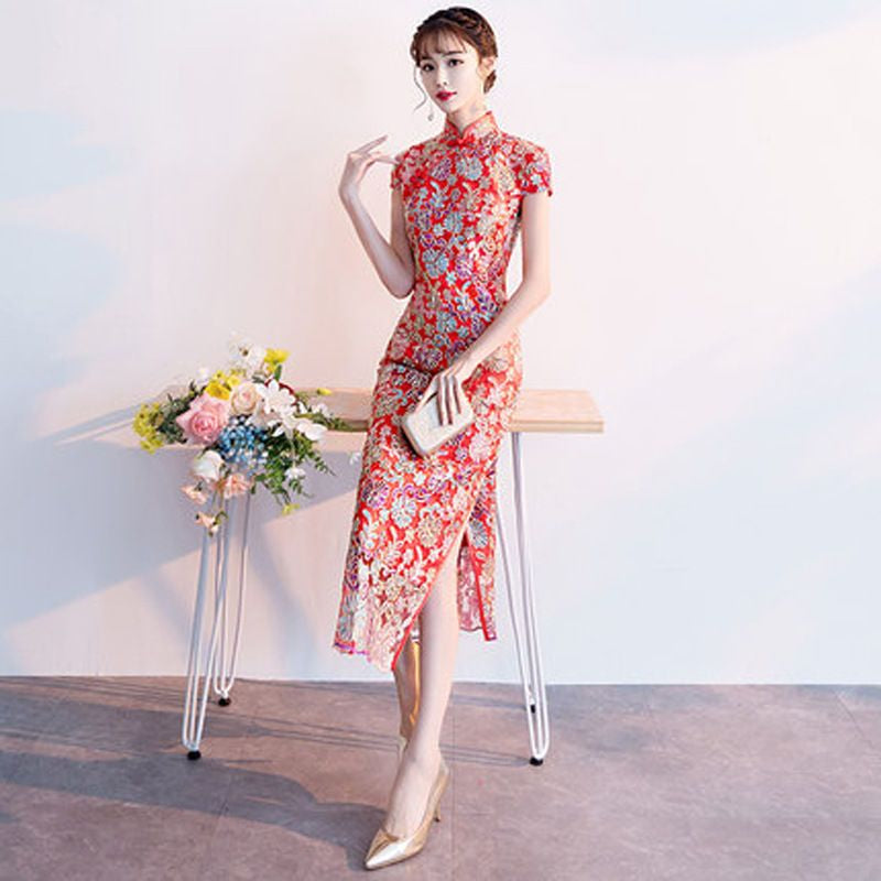 Short-Sleeve Flower Embroidered Qipao