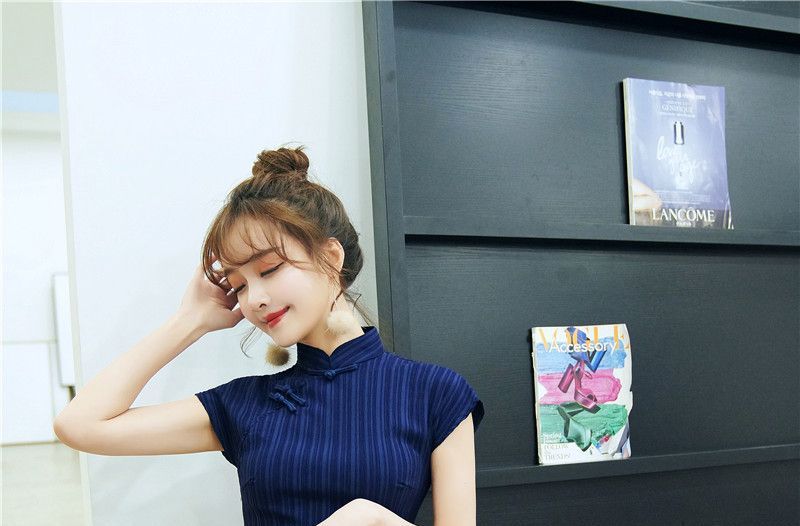 Striped Cap-Sleeve Qipao