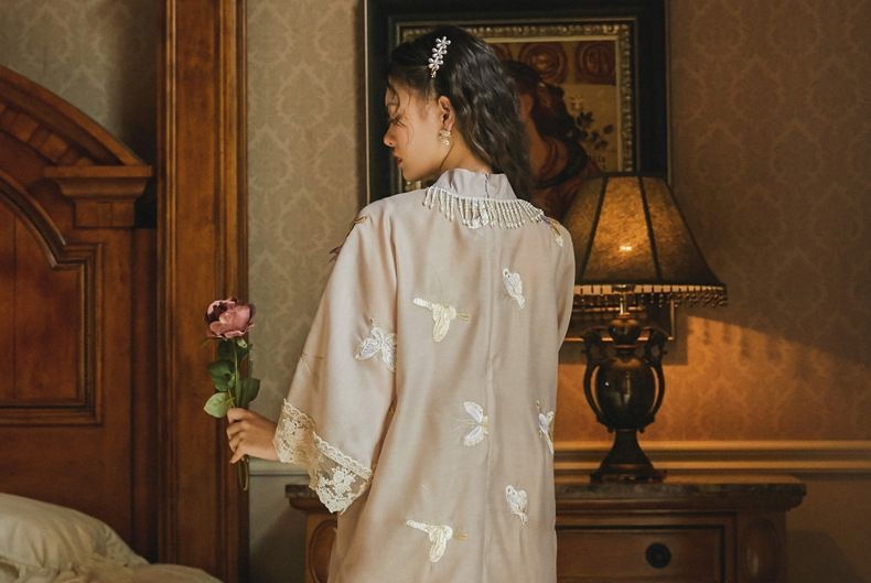 Elbow-Sleeve Floral Embroidered Qipao / Lace Slipdress / Set