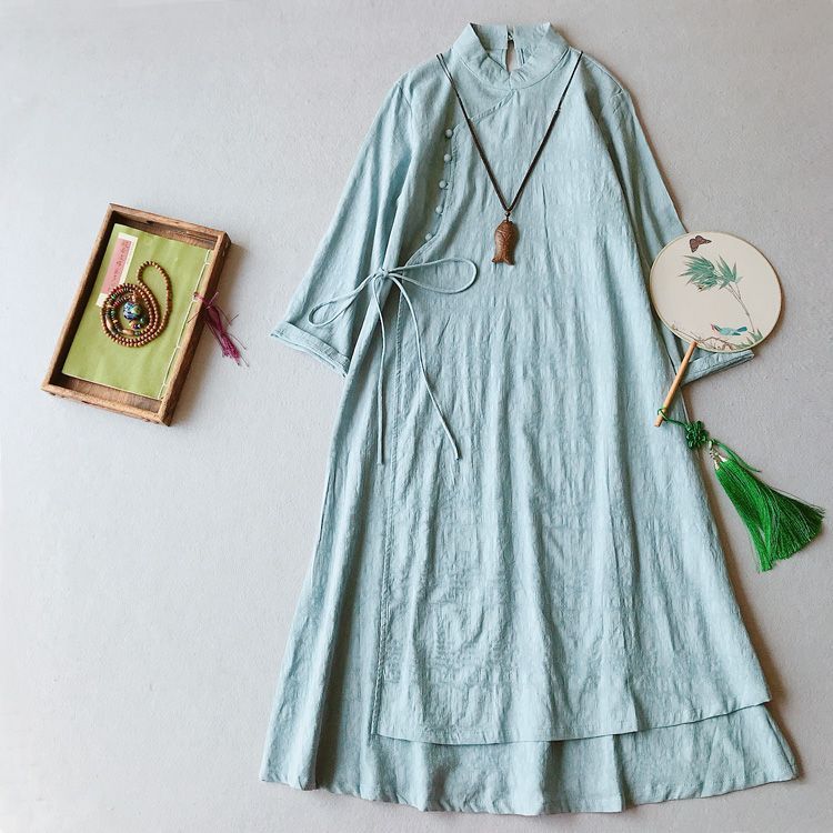 3/4-Sleeve Midi Linen Cheongsam