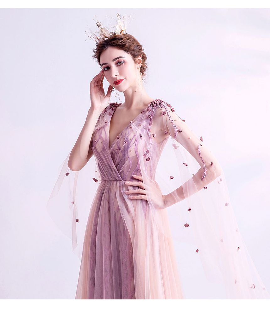 Gown Mesh Evening A-Line Cape-Sleeve