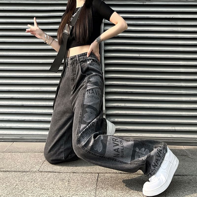 Jeans Print High Baggy Waist Graphic