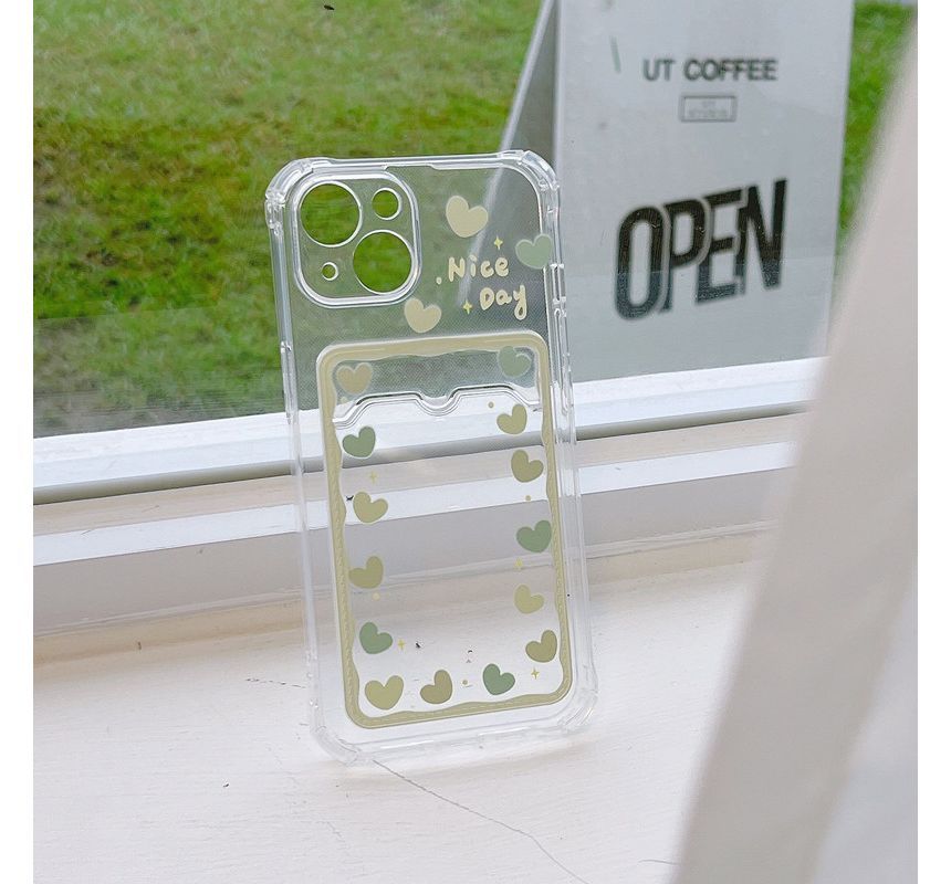Flower / Heart Print Card Holder Transparent Phone Case